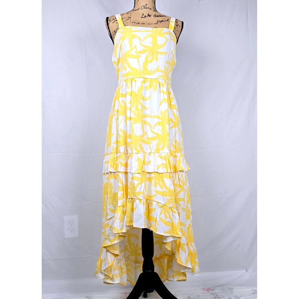 Trixxi Yellow White Palm Tree Print High-Low Maxi Dress Large Sleeveless Ruffle